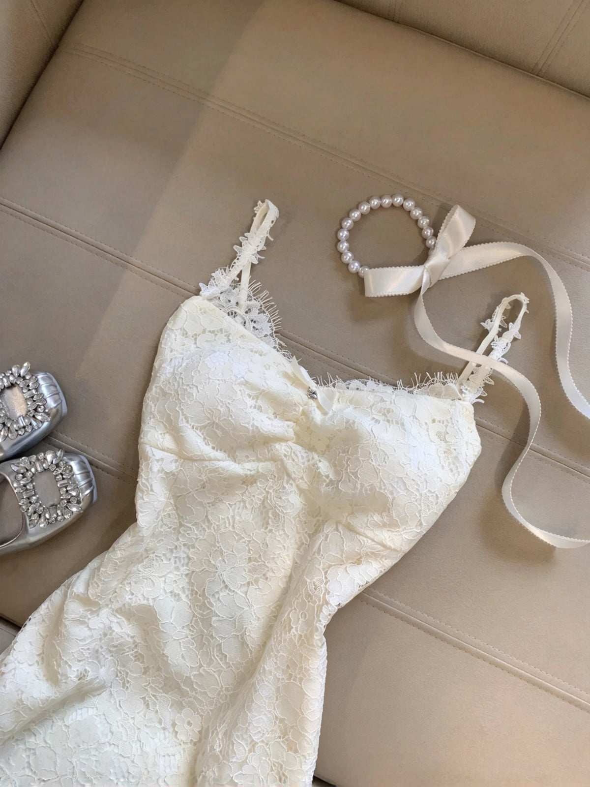 Delicate Ivory Spaghetti Straps Bow Lace Bodycon Short Homecoming Dress Birthday Dress With Floral Knit Lace Shrug Set AS3265
