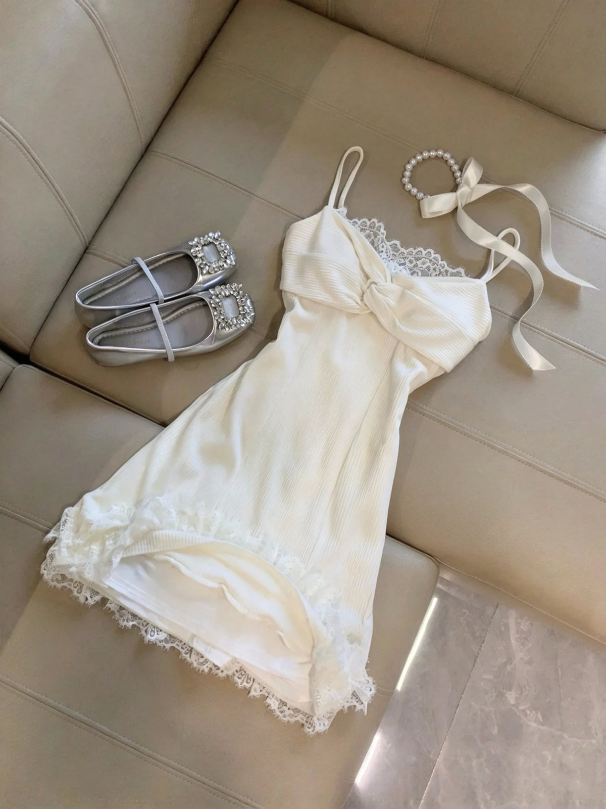 Chic White Spaghetti Straps Front Knot Lace A Line Short Homecoming Dress Birthday Dress With Cardigan Set AS3266