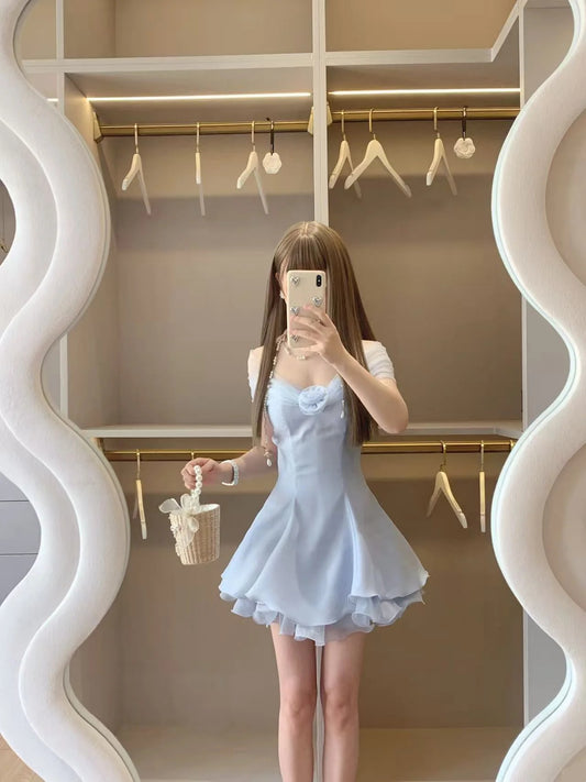 Airy Light Blue Off Shoulder Tulle Bow Rose A-Line Short Homecoming Dress Birthday Dress AS3276