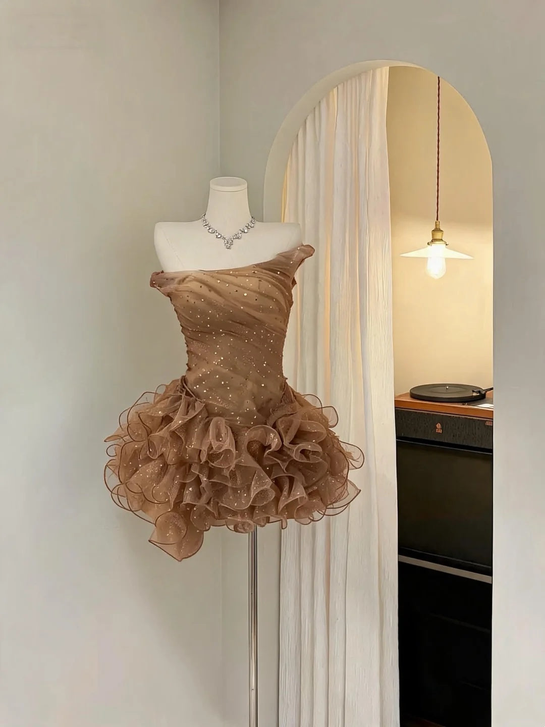 Shimmering Brown One Shoulder Rhinestone Ruffled A Line Short Homecoming Dress Birthday Dress AS3284