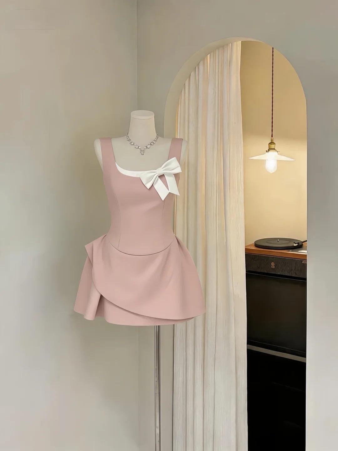 Sweet Pink Wide Strap Square Neck White Bow A Line Short Homecoming Dress Birthday Dress AS3285