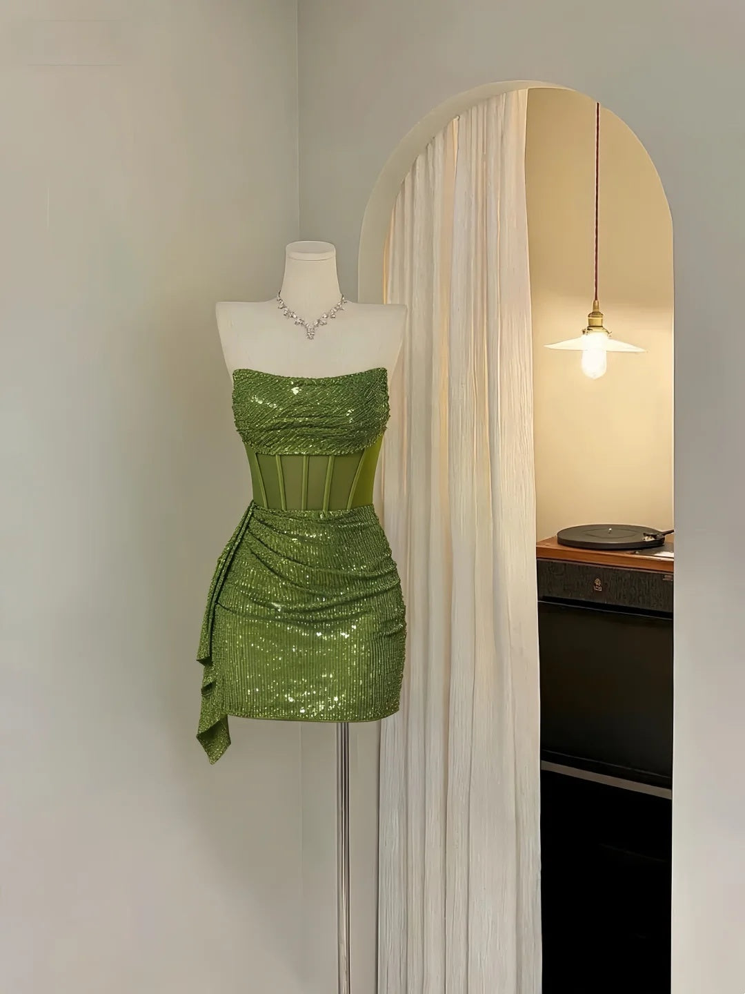 Vibrant Green Strapless Sequin Corset Draped Ruched Bodycon Short Homecoming Dress Birthday Dress AS3286