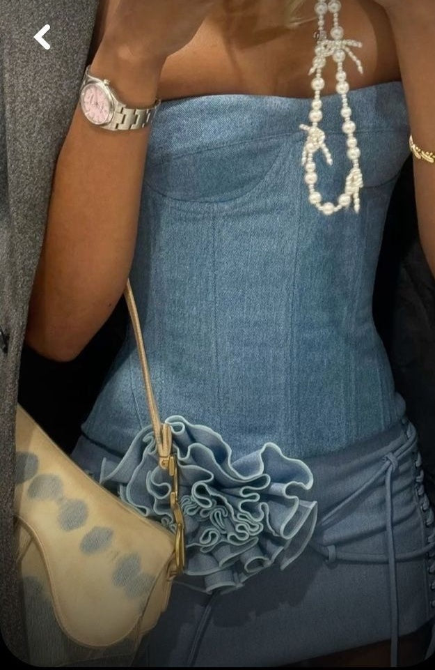Chic Light Blue Strapless Corset 3D Ruffle Flower Lace Up Mini Bodycon Skirt Set Homecoming Dress Birthday Dress AS3293