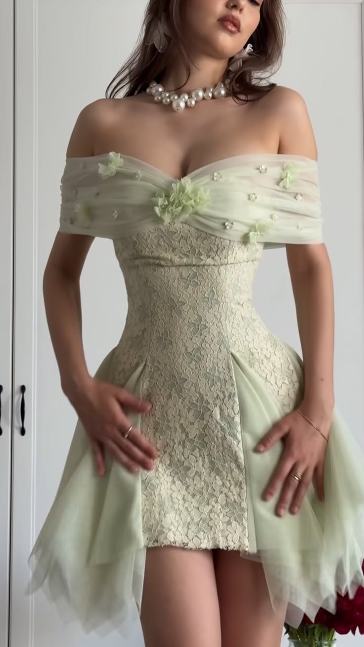 Dreamy Light Green Off Shoulder 3D Floral Lace Corset A Line Short Homecoming Dress Birthday Dress AS3298
