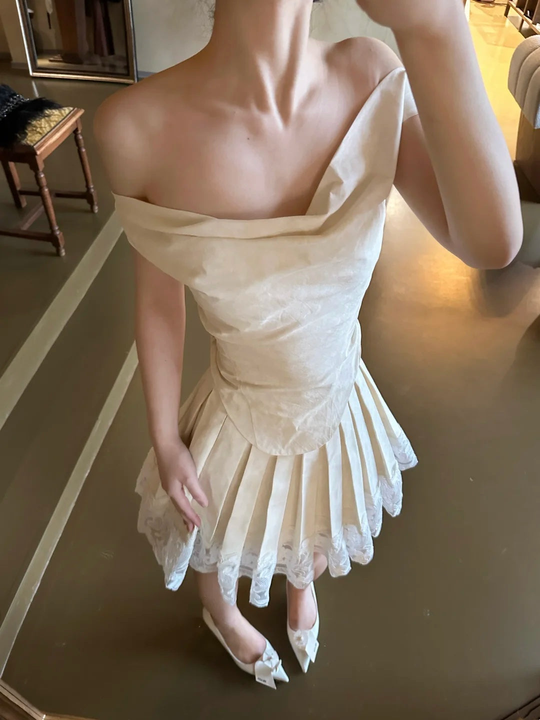 Vintage Ivory Off Shoulder Draped Lace Hem Pleated A Line Short Homecoming Dress Birthday Dress AS3323