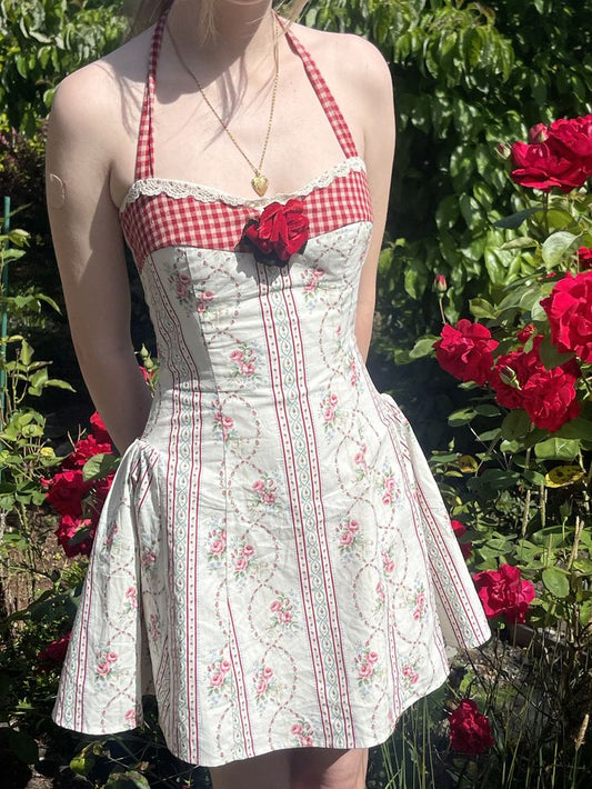 Sweet White Red Halter Floral Print 3D Floal A-Line Short Homecoming Dress Birthday Dress AS3373