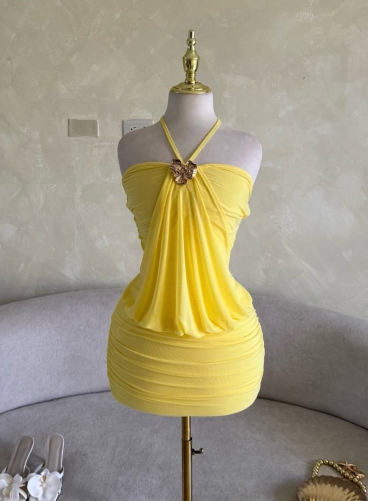 Bright Yellow Halter Gold Flower Ruched Bodycon Short Homecoming Dress Birthday Dress AS3378