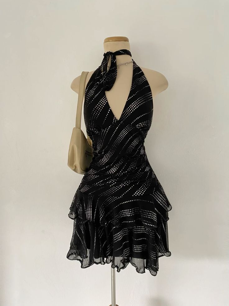Glam Black Halter V Neck White Dot Stripe A Line Short Homecoming Dress Birthday Dress AS3381
