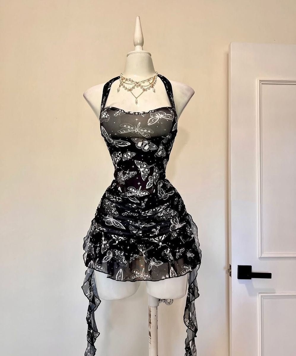 Whimsical Black Halter White Butterfly Print Bodycon Short Homecoming Dress Birthday Dress AS3382