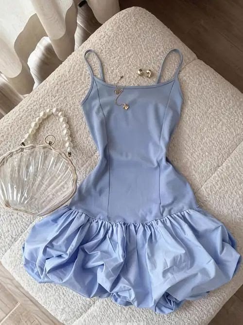 Chic Blue Spaghetti Straps Bubble Ruffle Hem A Line Short Homecoming Dress Birthday Dress AS3386
