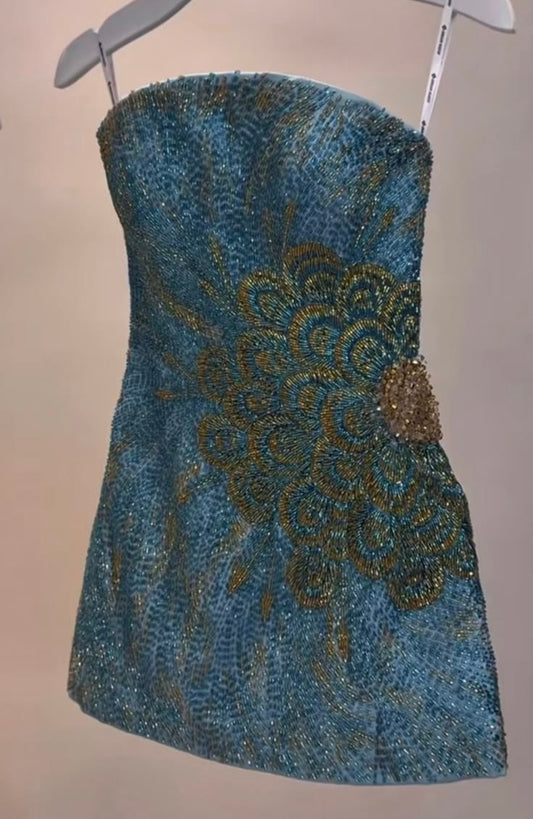 Glam Peacock Blue Strapless Sequin Beaded Bodycon Short Homecoming Dress Birthday Dress AS3387