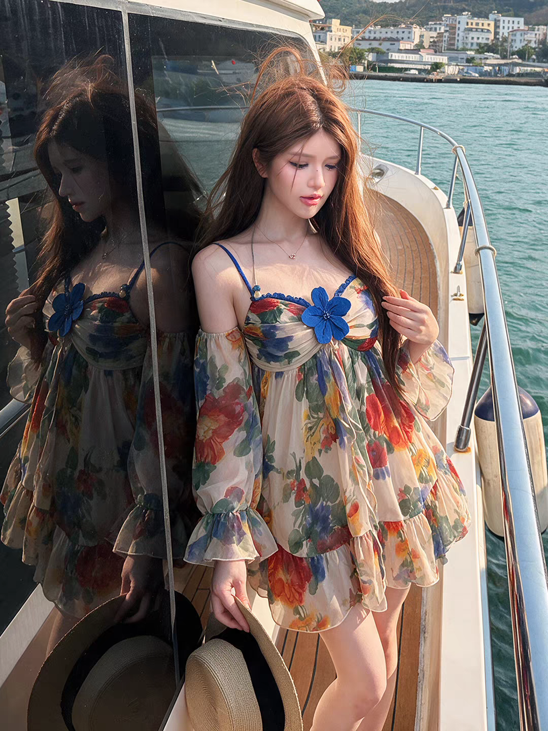 Chic Blue Floral Off Shoulder Long Flare Sleeve A Line Short Homecoming Dress Birthday Dress AS3393