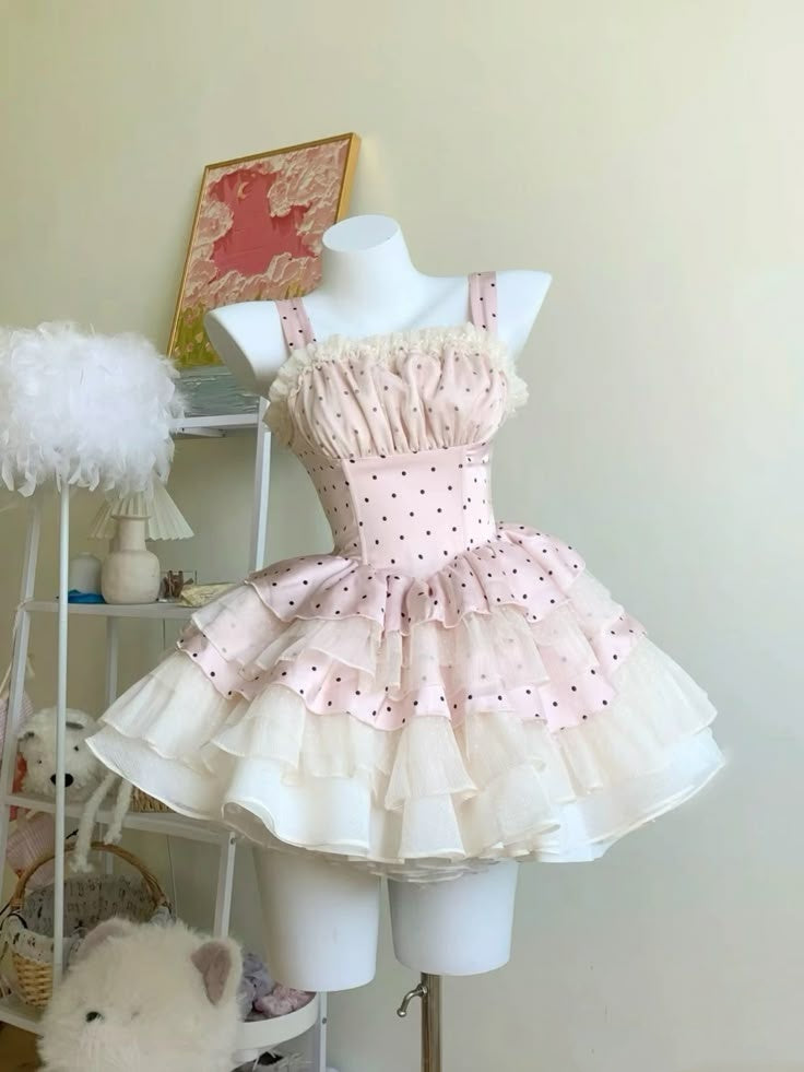 Sweet Pink Polka Dot Straps Ruffle Trim A Line Short Homecoming Dress Birthday Dress AS3417