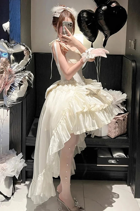 Elegant Cream Straps Bow Rhinestone Lace Corset A Line Short Homecoming Dress Birthday Dress AS3419