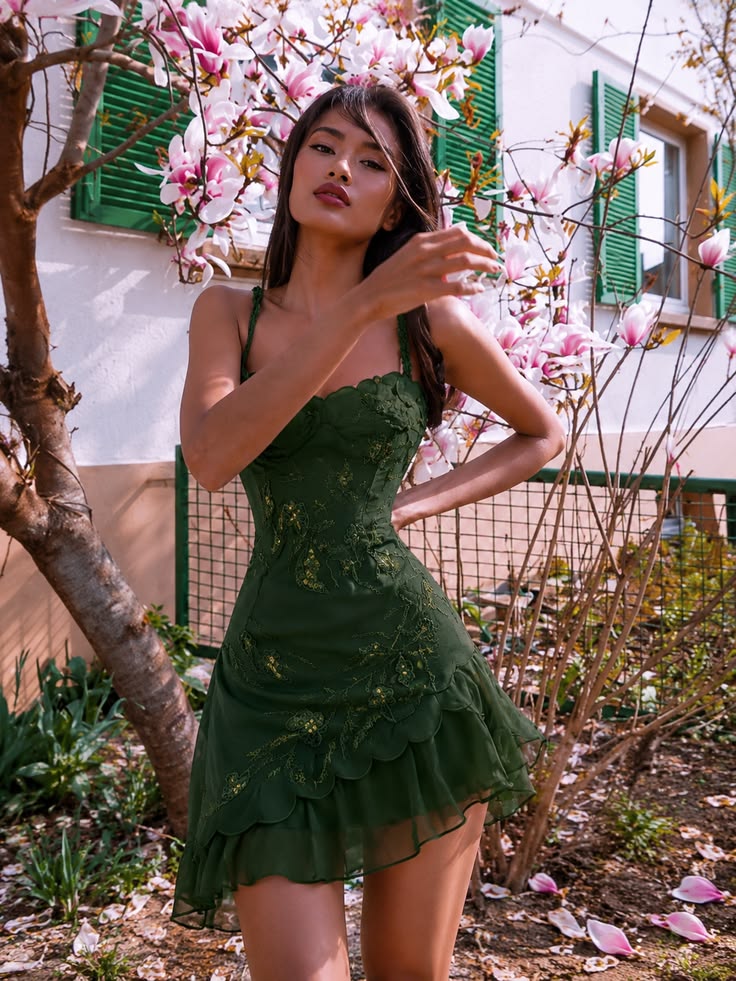 Glam Emerald Green Spaghetti Straps Floral Appliques A Line Short Homecoming Dress Birthday Dress AS3430