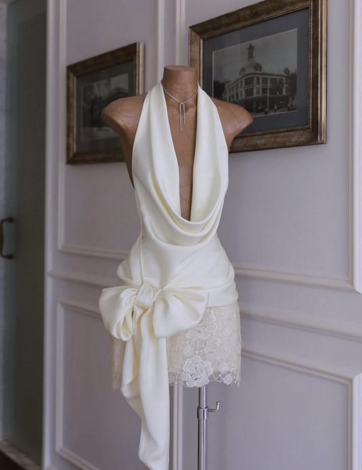 Chic Ivory Halter Cowl Neck Bow Lace Bodycon Short Homecoming Dress Birthday Dress AS3433