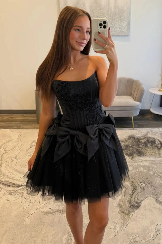 Black Strapless Corset Homecoming Dress With Tulle Skirt And Statement Bows AS344
