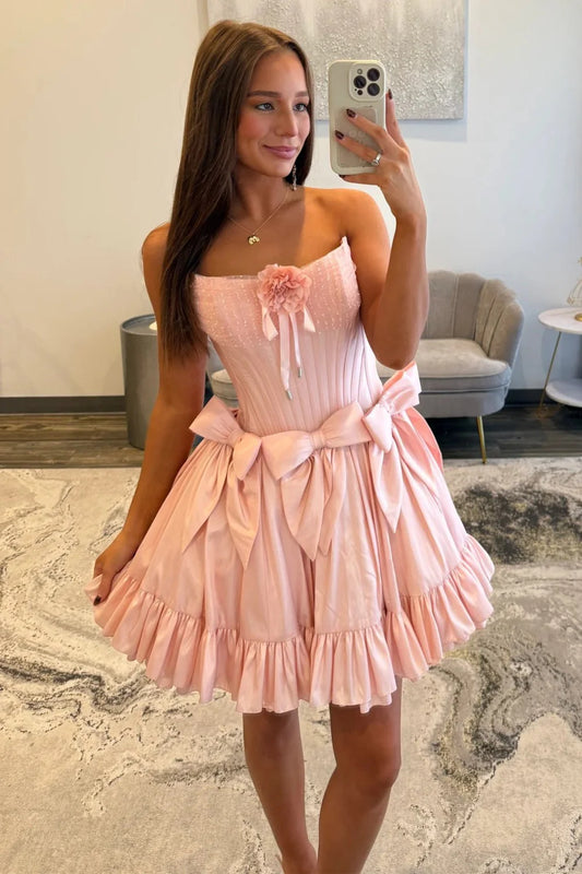 Sweet Pink Strapless Corset Homecoming Dress With Bows And Ruffle Hem AS345