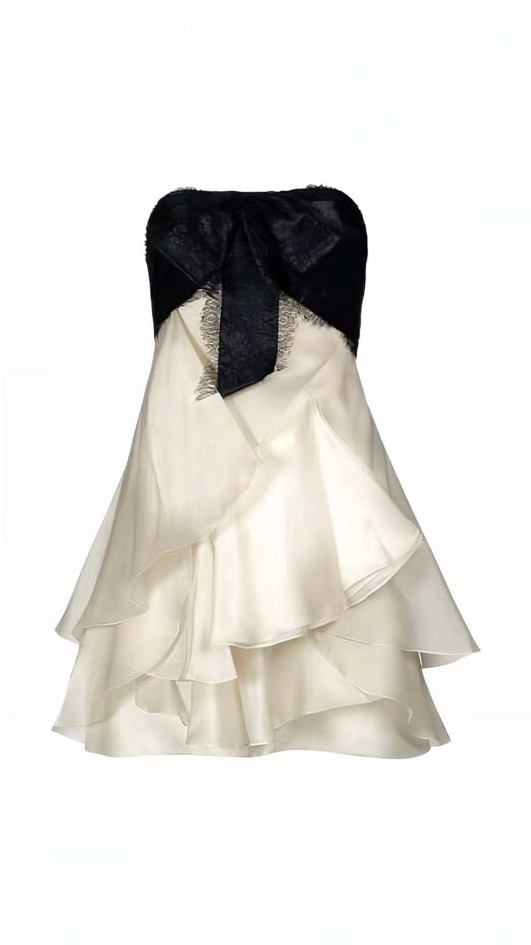 Chic Ivory Black Strapless Lace Bow A Line Short Homecoming Dress Birthday Dress AS3467