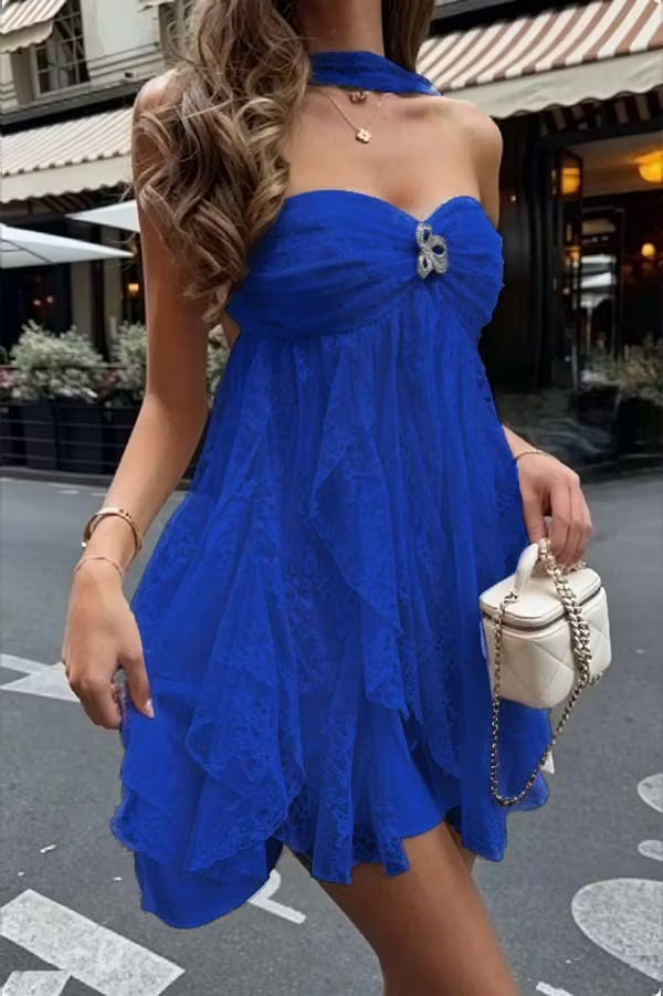 Delicate Pink Strapless Rhinestone Lace Tiered Ruffle A Line Short Homecoming Dress Birthday Dress AS3472