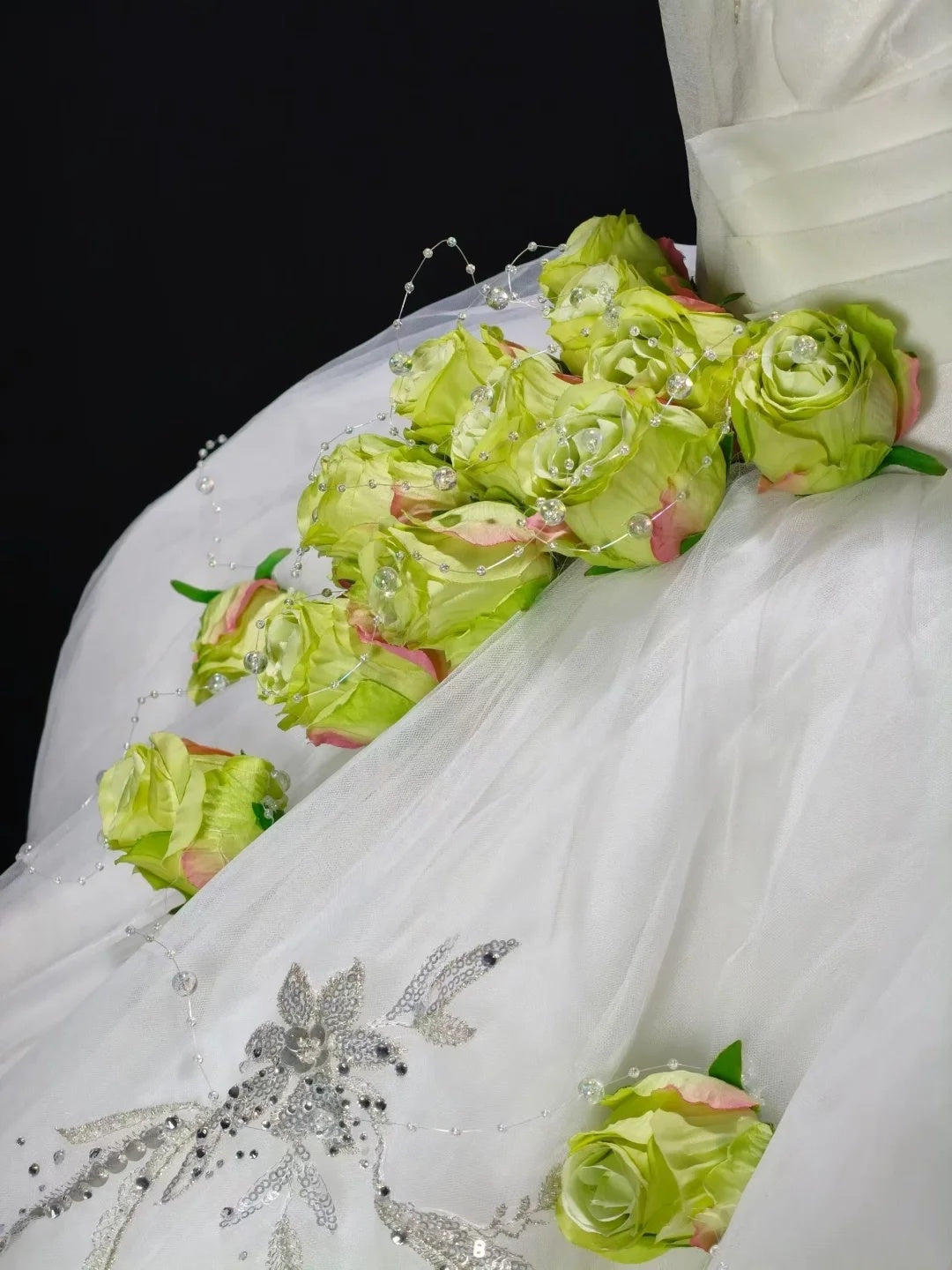 Fresh White Strapless Sweetheart 3D Green Floral Beaded A Line Short Homecoming Dress Birthday Dress AS3499