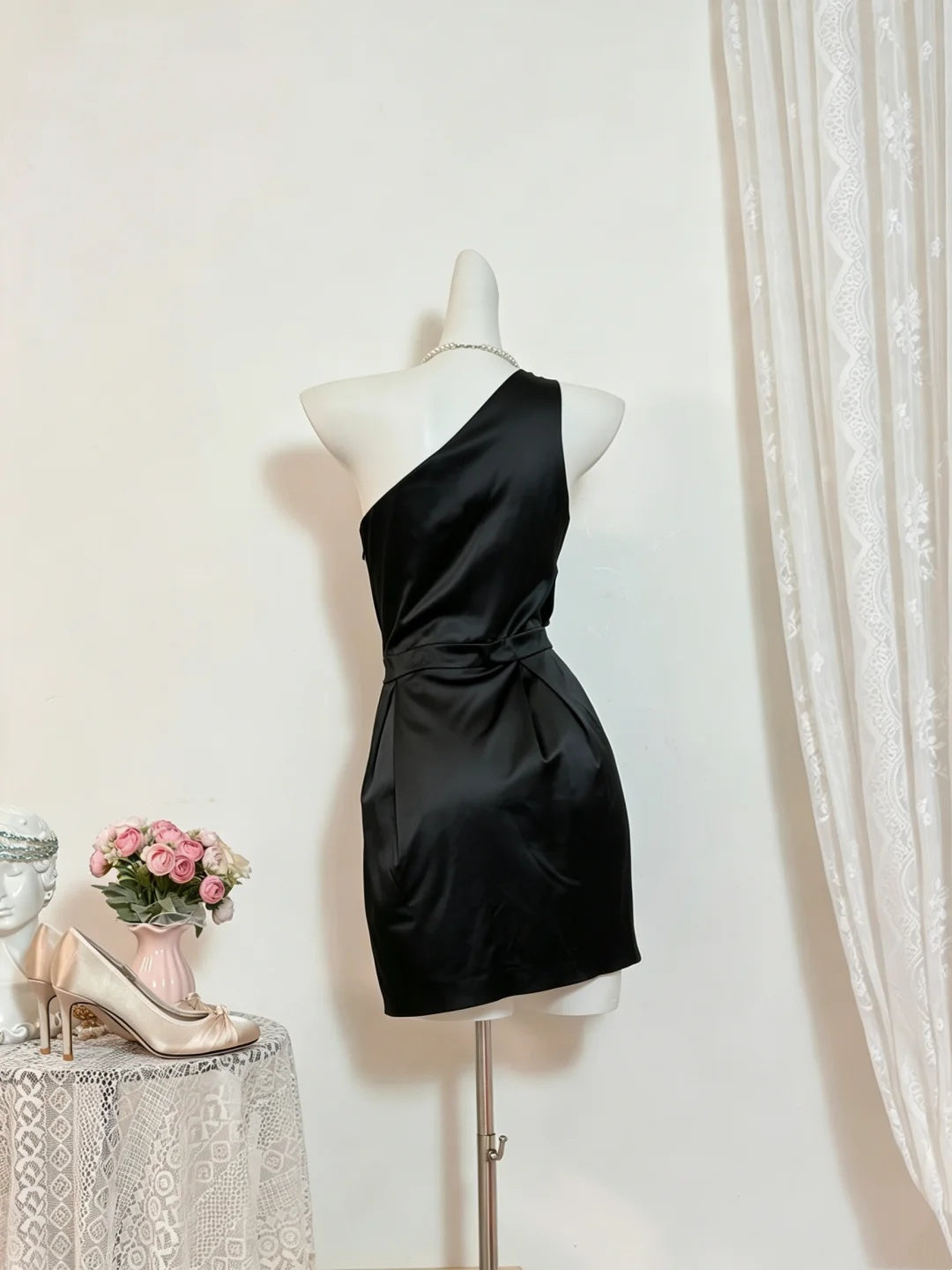 Sleek Black One Shoulder Draped Satin Bodycon Short Homecoming Dress Birthday Dress AS3524