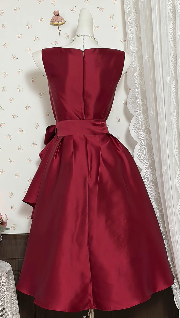 Elegant Burgundy Sleeveless Boat Neck Satin Big Bow Lace Hem A-Line Short Homecoming Dress Birthday Dress AS3526