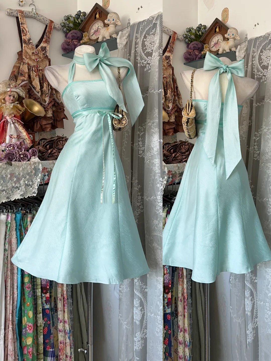 Fresh Tiffany Blue Halter Neck Bow Satin A-Line Midi Homecoming Dress Birthday Dress AS3528
