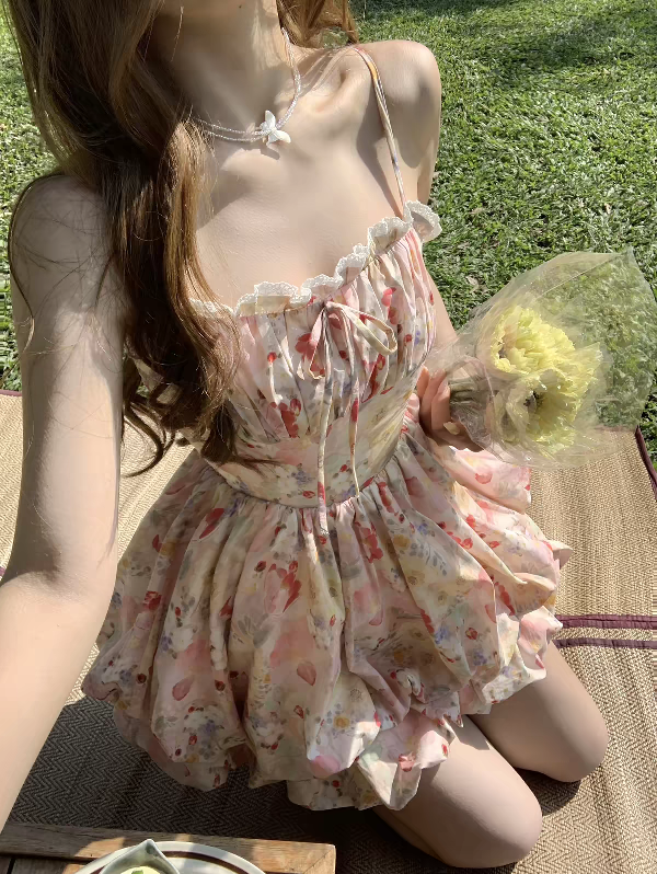 Sweet Pink Floral Spaghetti Straps Lace Trim Bow A Line Short Homecoming Dress Birthday Dress AS3536