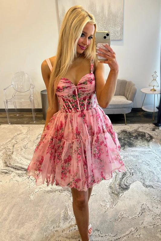 Romantic Pink Floral A-Line Straps Short Print Tulle Homecoming Dress AS355