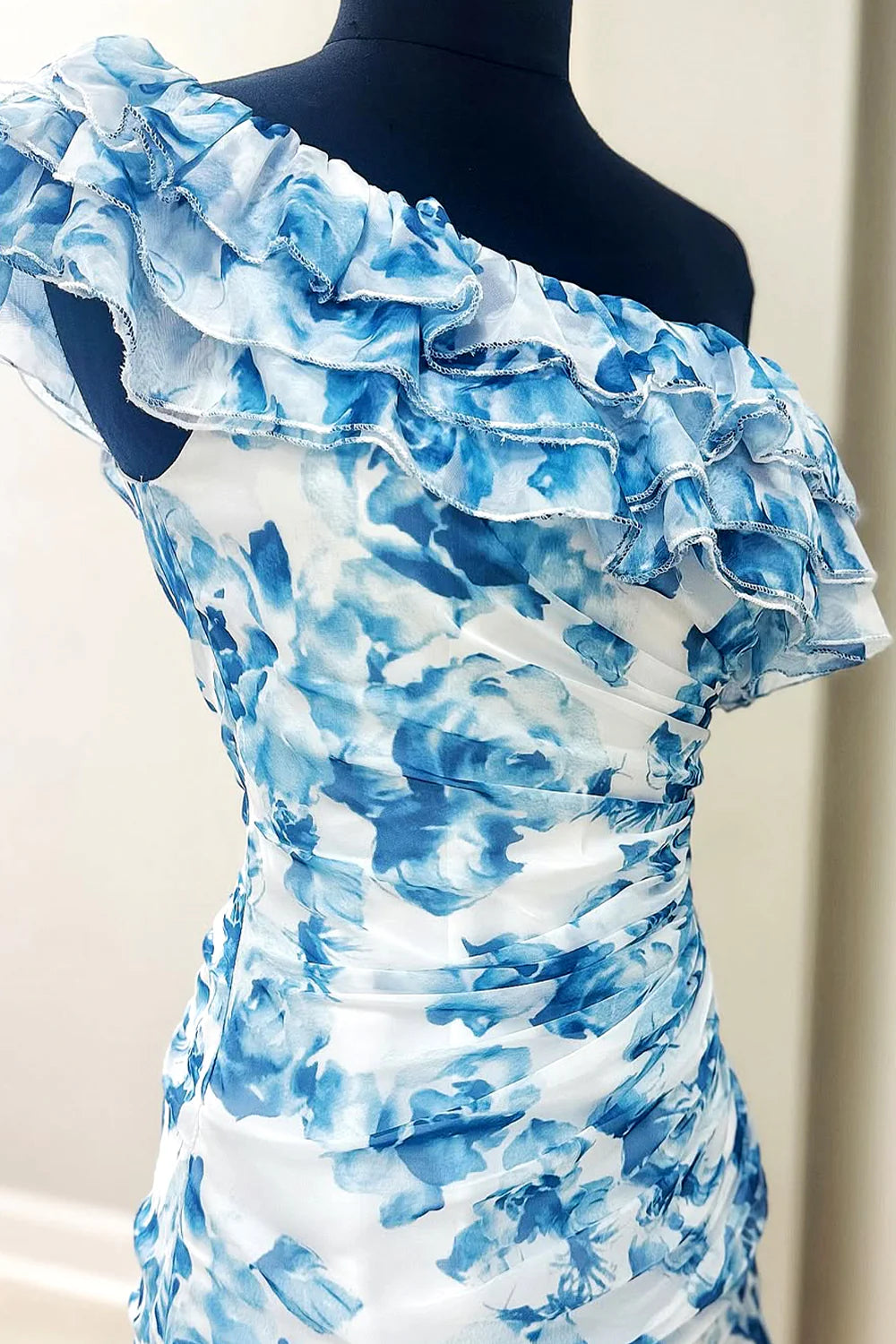 Cute One Shoulder Short Tight Print Homecoming Dress With Ruffle AS357