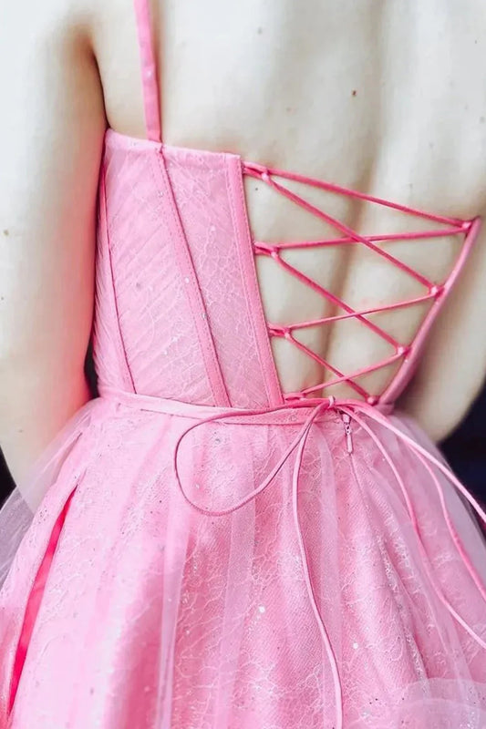 Cute A-Line Tulle Dress With Spaghetti Straps Lace-Up Back And Ruffle Detail Homecoming Dress AS406