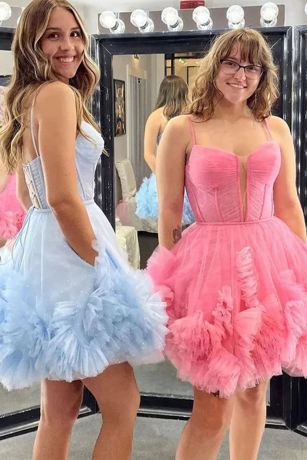 Cute A-Line Tulle Dress With Spaghetti Straps Lace-Up Back And Ruffle Detail Homecoming Dress AS406
