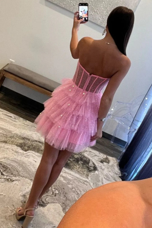 Glitter Pink Strapless A-Line Homecoming Dress With Tiered Tulle Skirt AS415