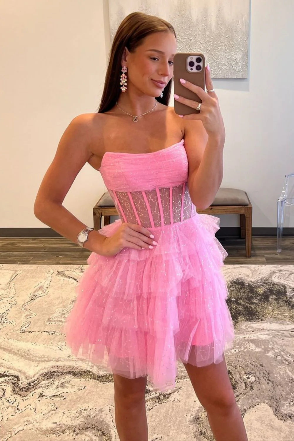 Glitter Pink Strapless A-Line Homecoming Dress With Tiered Tulle Skirt AS415