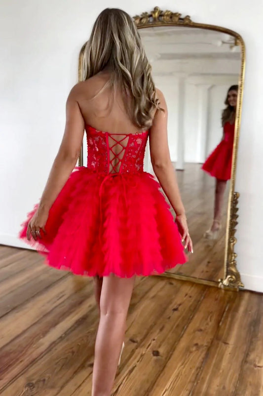 Red A-Line Sweetheart Homecoming Dress With Lace Up Back And Short Tulle Skirt AS419