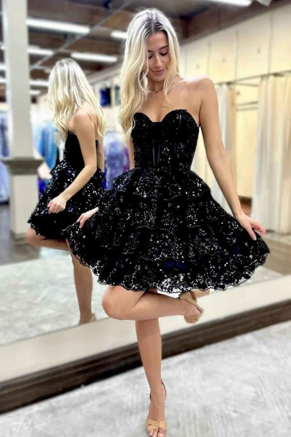 Sparkly Stunning A-Line Spaghetti Strap Short Homecoming Dress With Appliques Details AS430