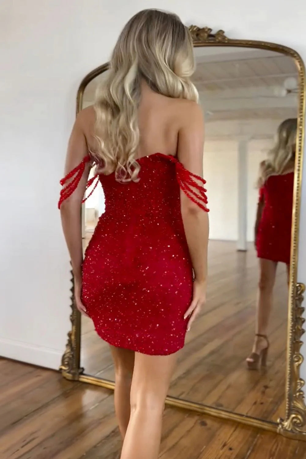 Gorgeous Red Mermaid Off The Shoulder Short Sequin Homecoming Dress With Fringe Details AS440