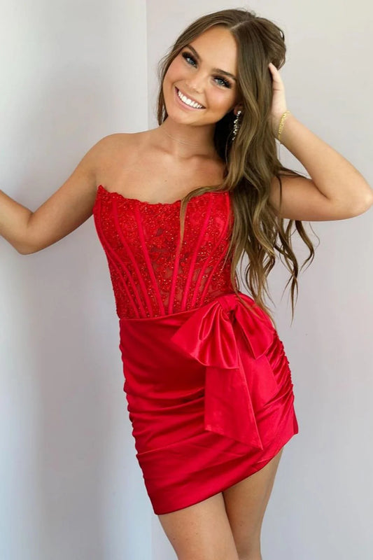 Trendy Red Strapless Lace Top Bodycon Short Satin Dress With Bowknot Homecoming Dress AS455