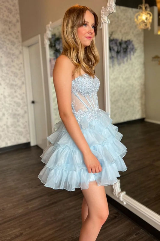 Light Blue A-Line Sweetheart Lace Up Short Tiered Tulle Dress Homecoming Dress AS460