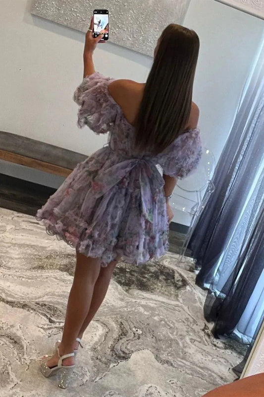 Cute Floral Print A Line Homecoming Dress With Off The Shoulder Neckline And Short Length AS482