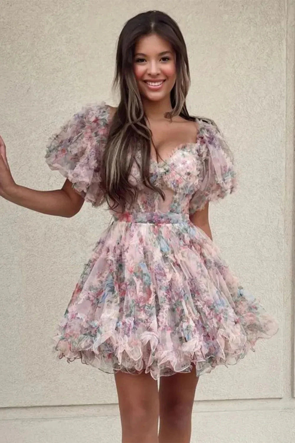 Cute Floral Print A Line Homecoming Dress With Off The Shoulder Neckline And Short Length AS482