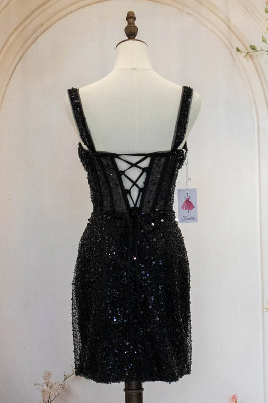 Sparkly Black Straps Short Tight Homecoming Dress With Sequin AS499