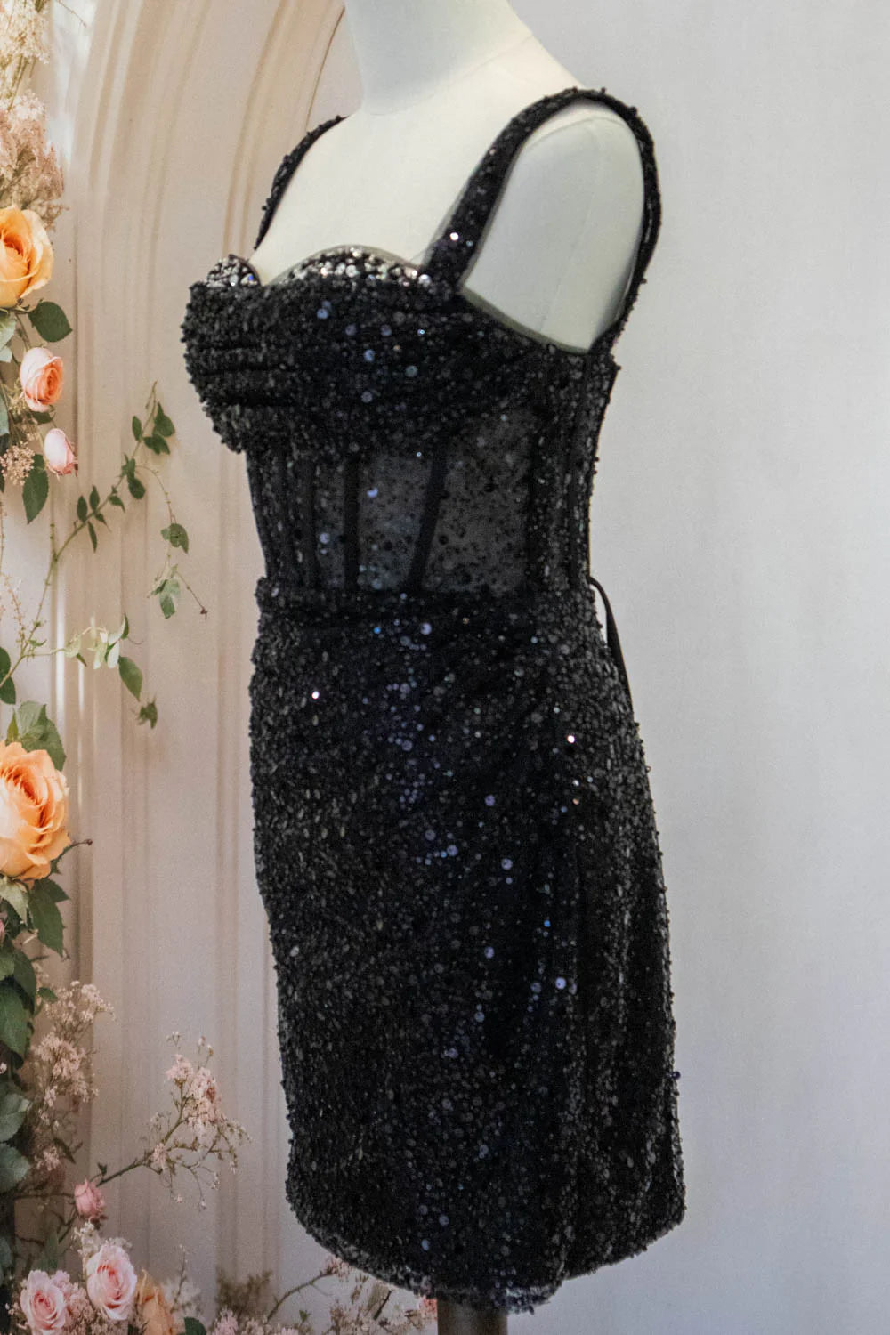 Sparkly Black Straps Short Tight Homecoming Dress With Sequin AS499