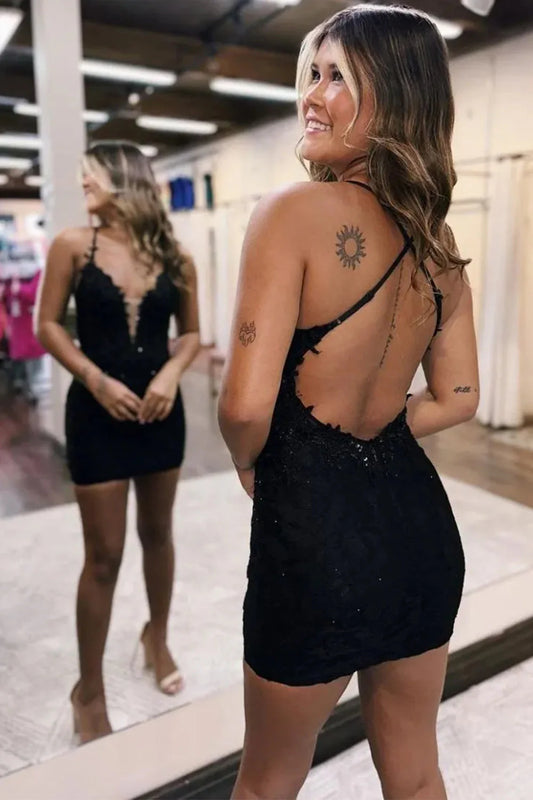 Chic Black Tight Homecoming Dress With Appliques And Criss-Cross Back AS501