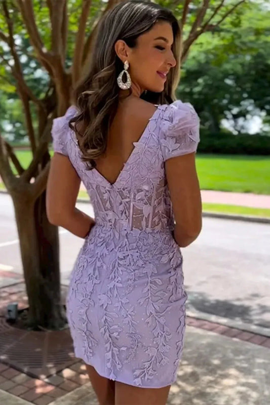 Chic Square Neck Homecoming Dress With Appliques And Puffy Sleeves AS504