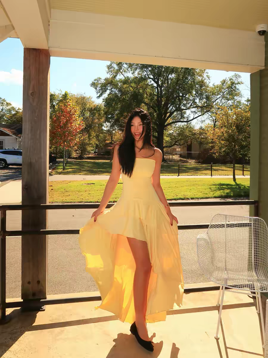 Strapless Yellow Satin Asymmetrical Layered Pleats Party Homecoming Dress AS507