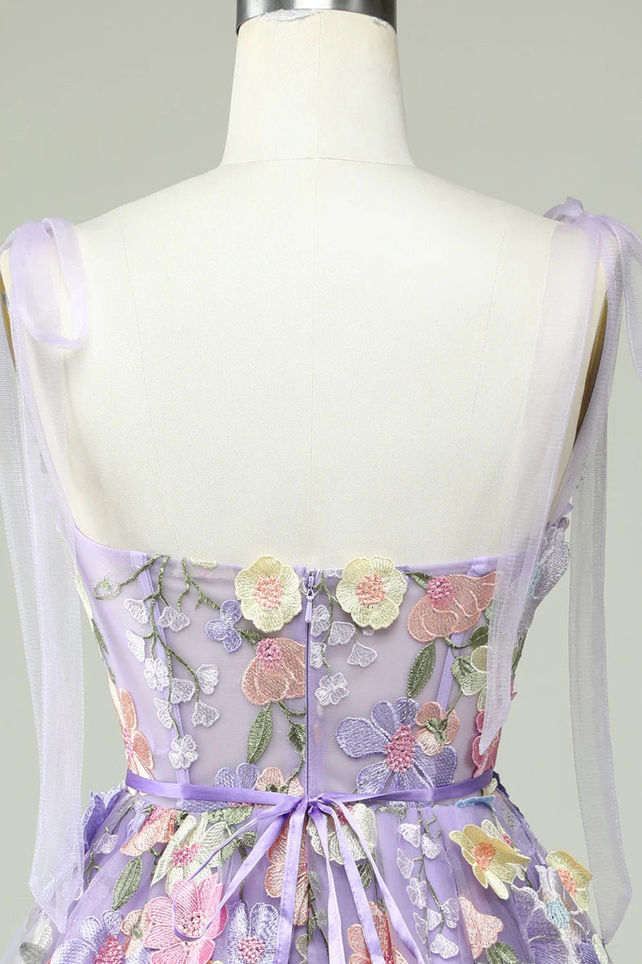 Whimsical Lavender Floral Embroidered Short Homecoming Dress With Bow Straps AS509