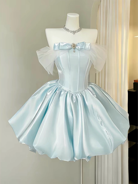 Hot Sale Regal Off‑The‑Shoulder Satin Puffy Mini Homecoming Dress With Bow AS512