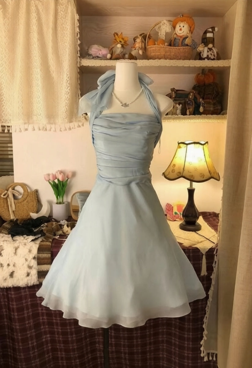 Elegant Light Blue Halter A‑Line Short Homecoming Dress With Ruched Bodice AS518